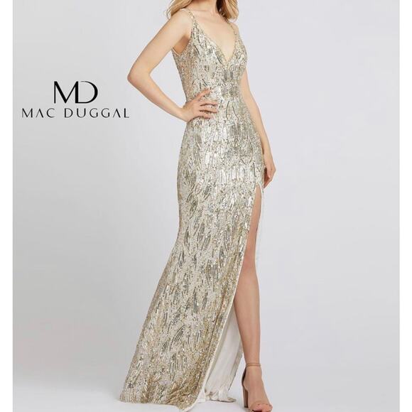 MAC DUGGAL 5018 Dress 2 Cassandra Stone Sequin Gown Plunging Neckline High Slit - Picture 1 of 16